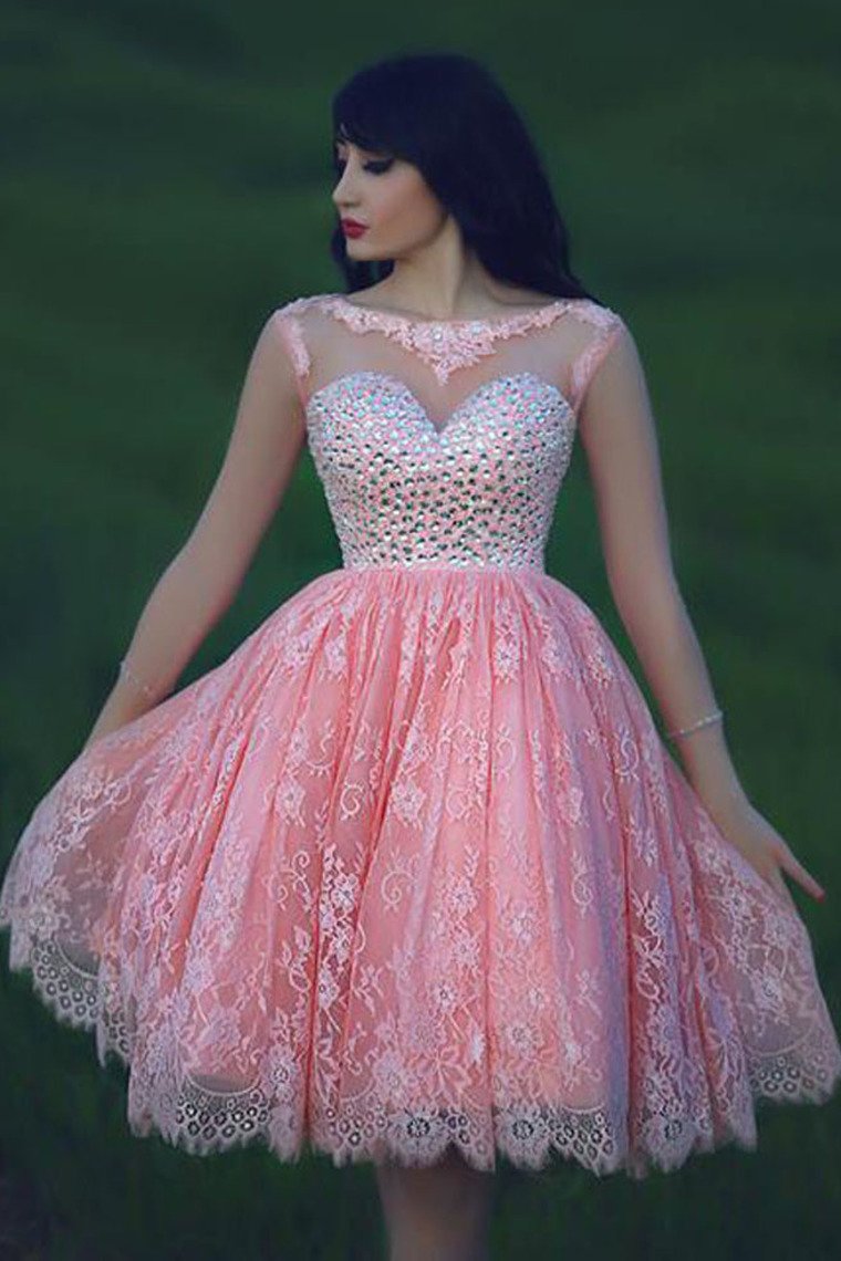 A Line Scoop Lace With Beading Homecoming Dresses 3/4 Length Sleeves
