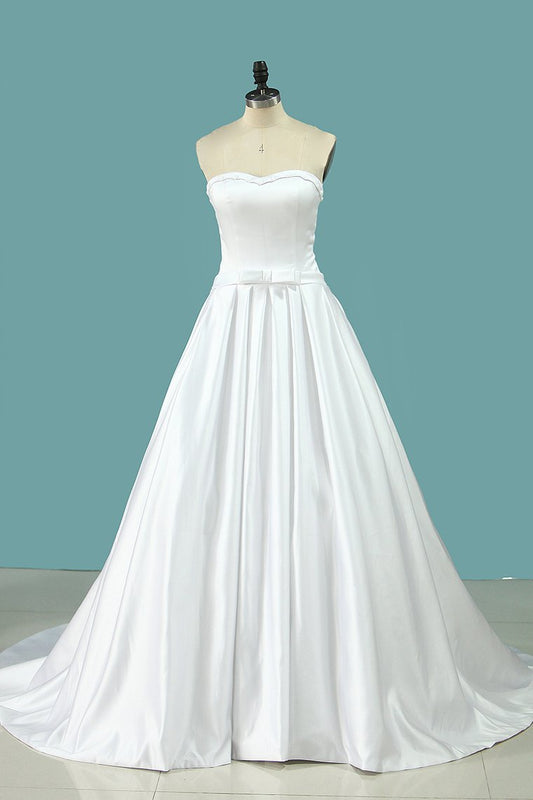 Wedding Dresses Satin A Line With Beading And Bow Knot Court Train