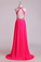 Halter Prom Dresses Beaded Bodice Open Back A Line Chiffon & Tulle Sweep Train