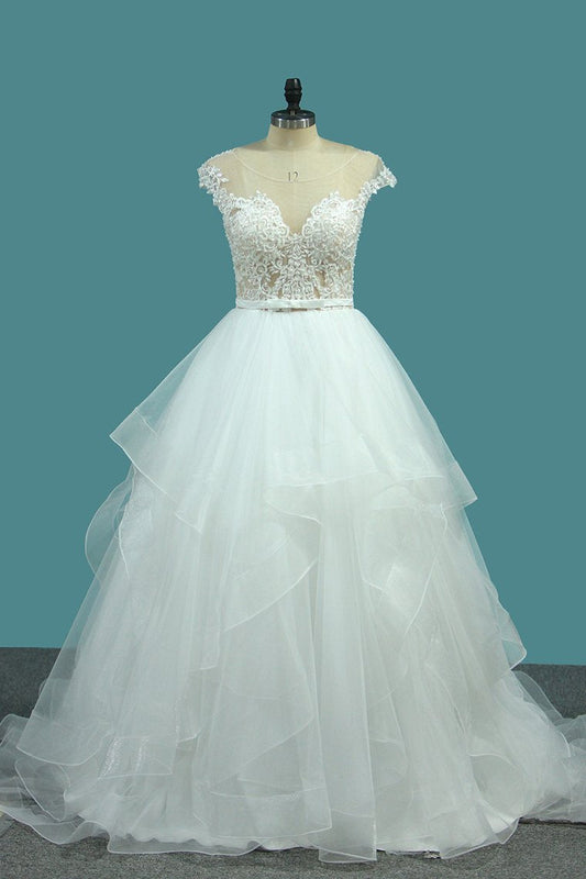 2024 Bateau A Line Tulle Wedding Dresses With Applique And Sash