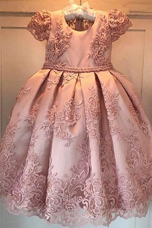 Princess Ball Gown Round Neck Pink Beads Flower Girl Dresses with Appliques SRS15587