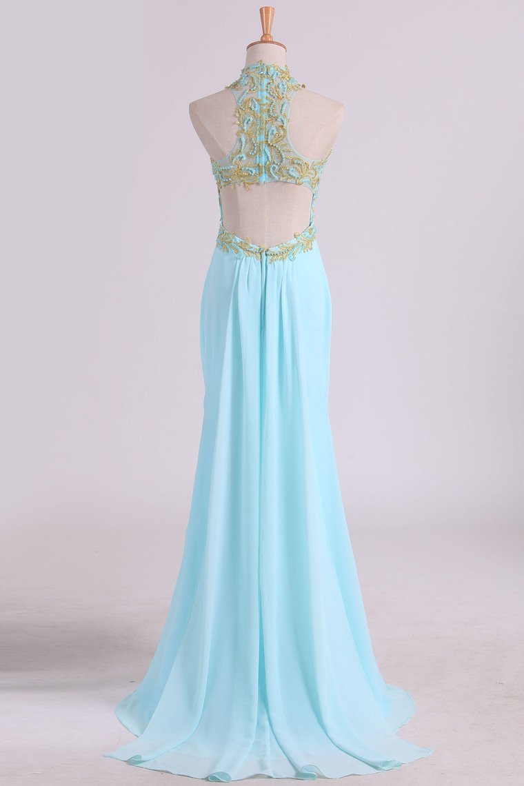 2024 Sheath Open Back High Neck Chiffon With Applique And Beads Prom Dresses