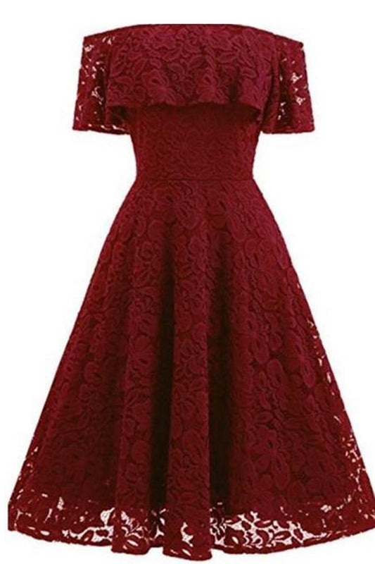 A-line Short Sleeve Burgundy Off-the-Shoulder Lace Knee-Length Grace Homecoming Dresses JS228