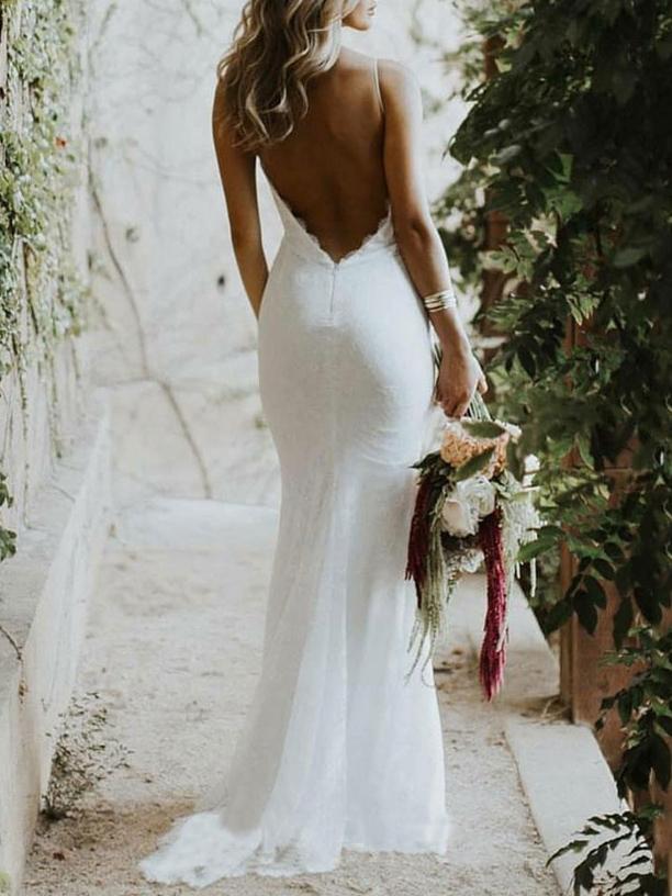 Backless Mermaid Spaghetti Straps Lace Backless Wedding Dresses Beach Bridal Dresses SRS15056