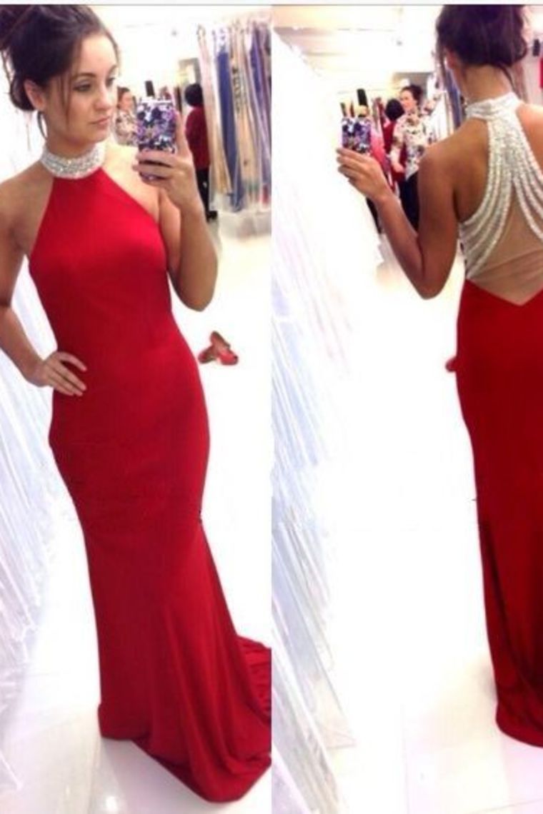 2022 New Arrival Prom Dresses Mermaid Halter Spandex Zipper Up With Beadings