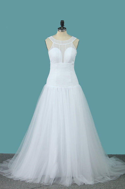 2024 A Line Tulle & Lace Wedding Dresses Scoop Sweep Train New Arrival