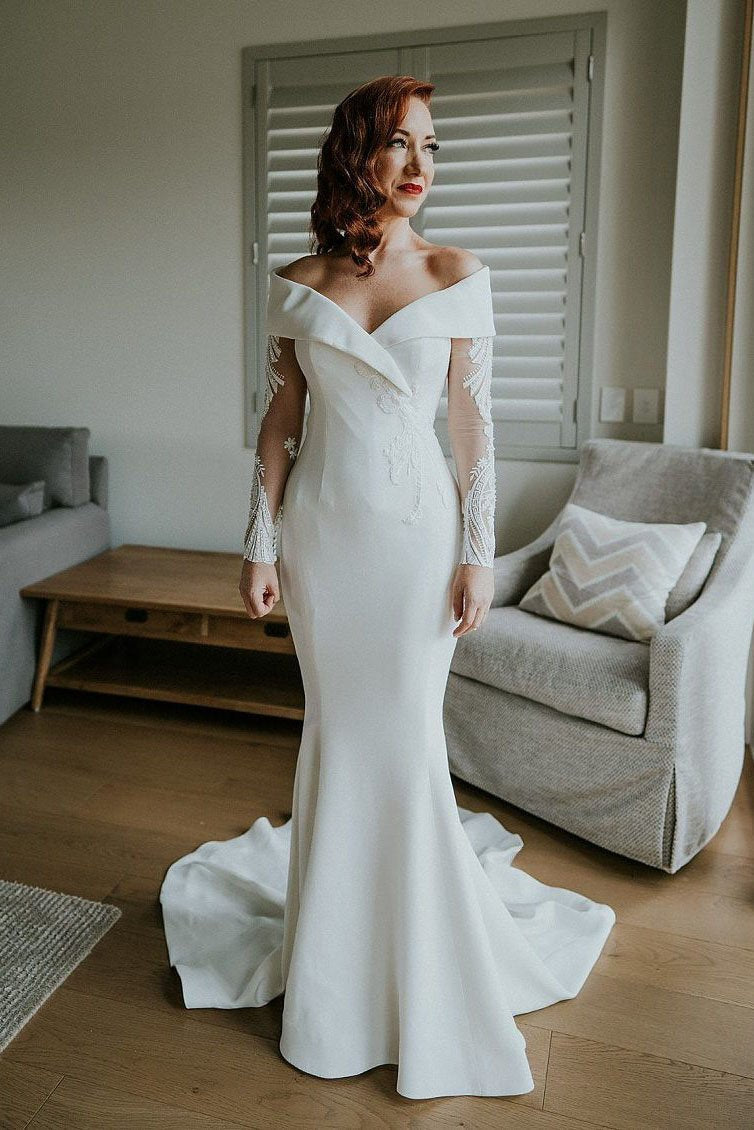 Charming Off the Shoulder Long Sleeves V Neck Mermaid Wedding Dresses, Bridal Dresses SRS15116