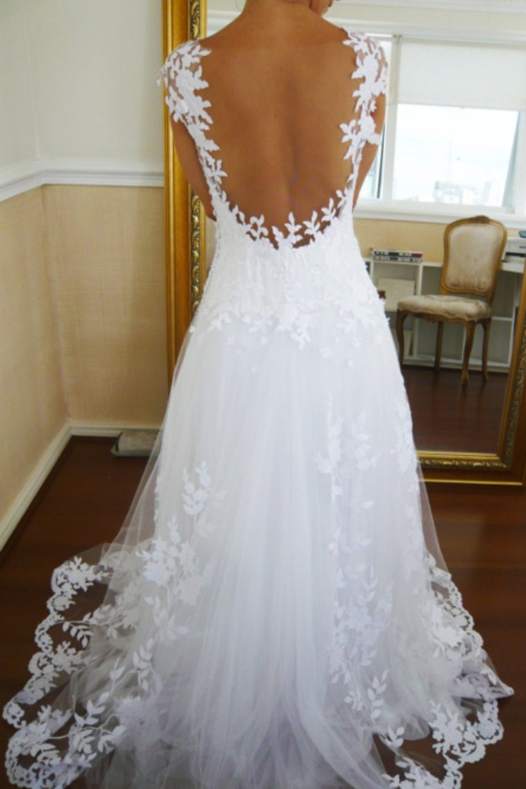 Tulle Straps With Applique A Line Sweep Train Wedding Dresses