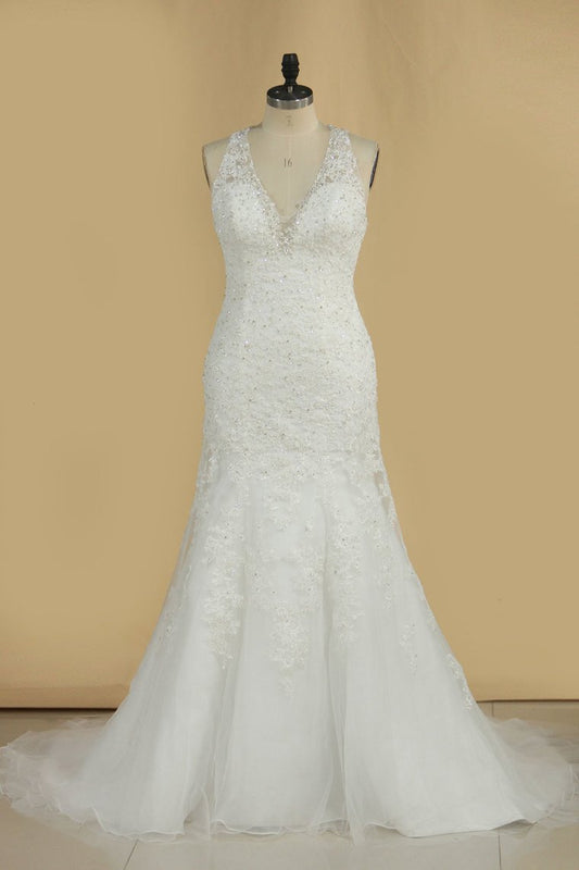 Wedding Dresses V Neck Organza With Applique And Beads Mermaid