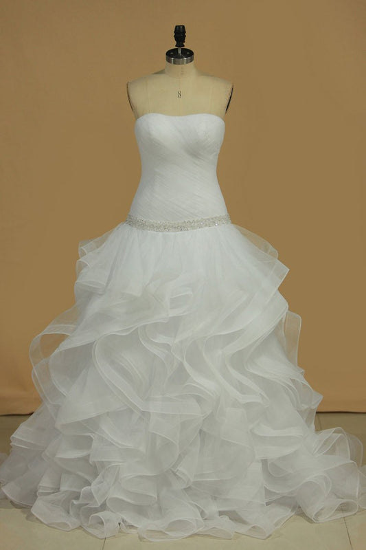 Wedding Dresses A Line Scalloped Neck Tulle With Ruffles And Beads