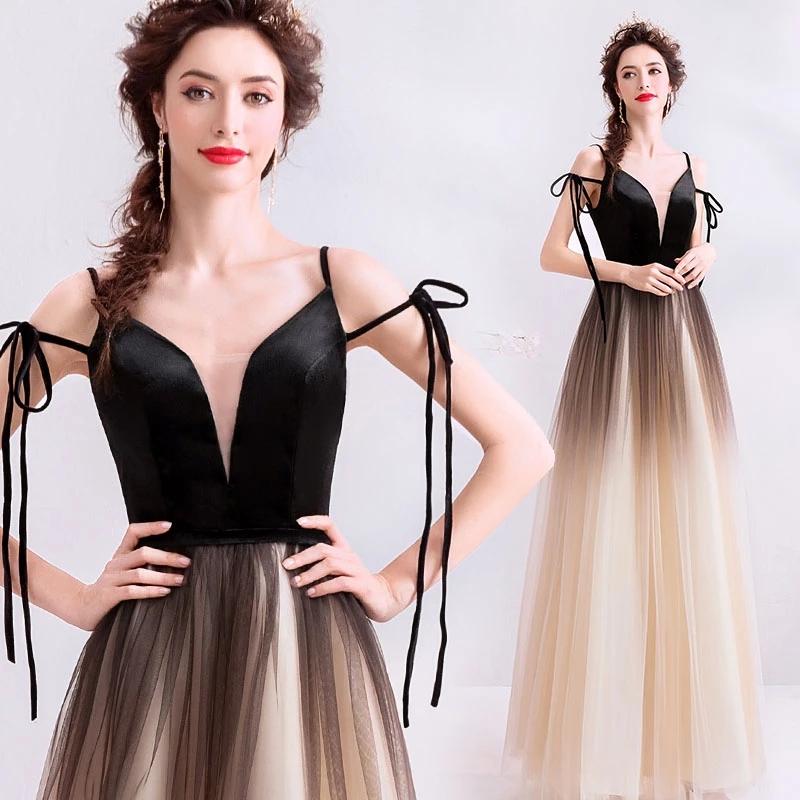 Spaghetti Straps Black Deep V Neck Formal Dress, Floor Length Tulle Ombre Prom Dresses SRS15409