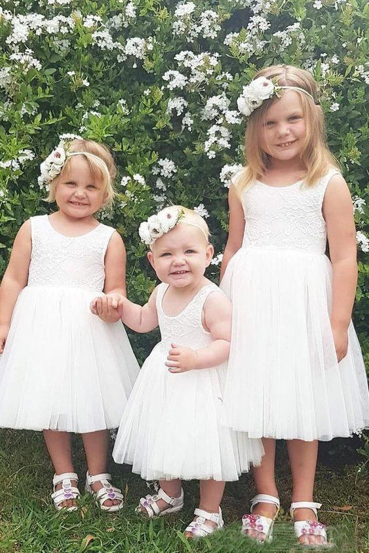 Cute A Line Lace Round Neck White Flower Girl Dresses with Tulle, Baby Dresses SRS15134