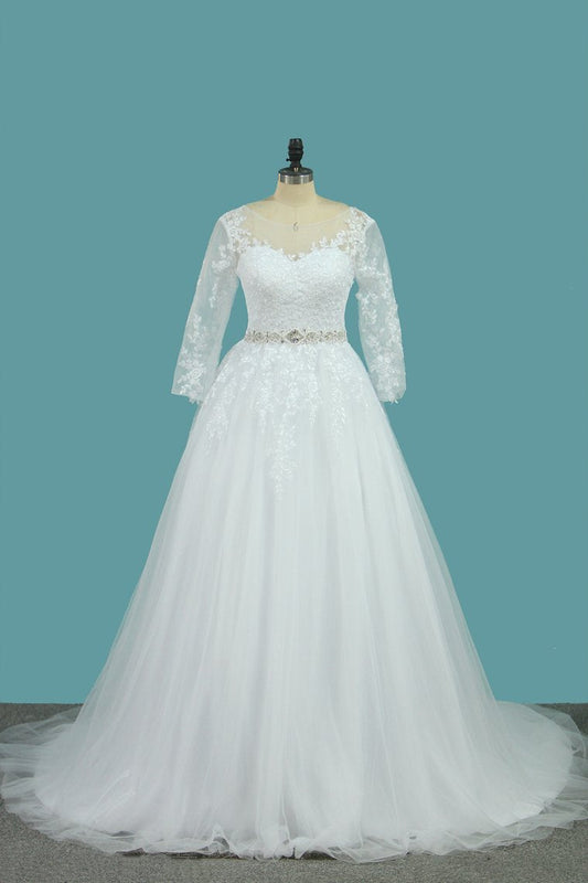 2024 Bateau Wedding Dresses Tulle A Line With Applique And Beads Court Train