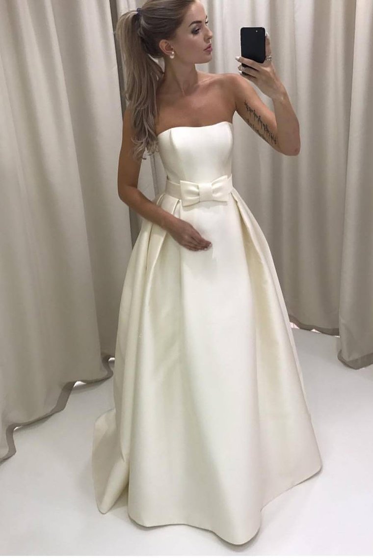 Simple Satin Wedding Dresses Strapless A Line With Sash Zipeer Up
