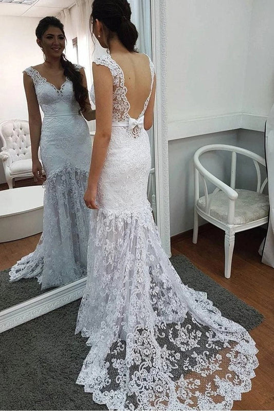 Elegant Mermaid Lace Applique V Neck Wedding Dresses Backless Wedding Gowns SRS15180