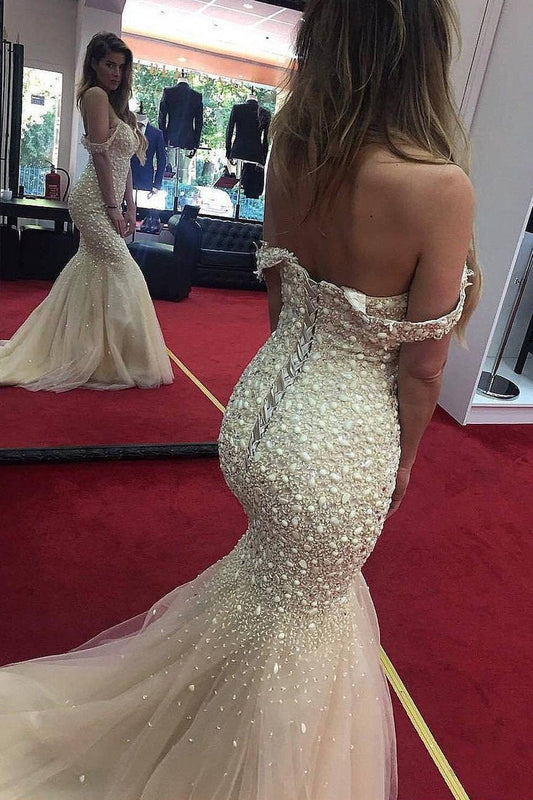 2024 Off The Shoulder Prom Dresses Mermaid Tulle With Beads Lace Up