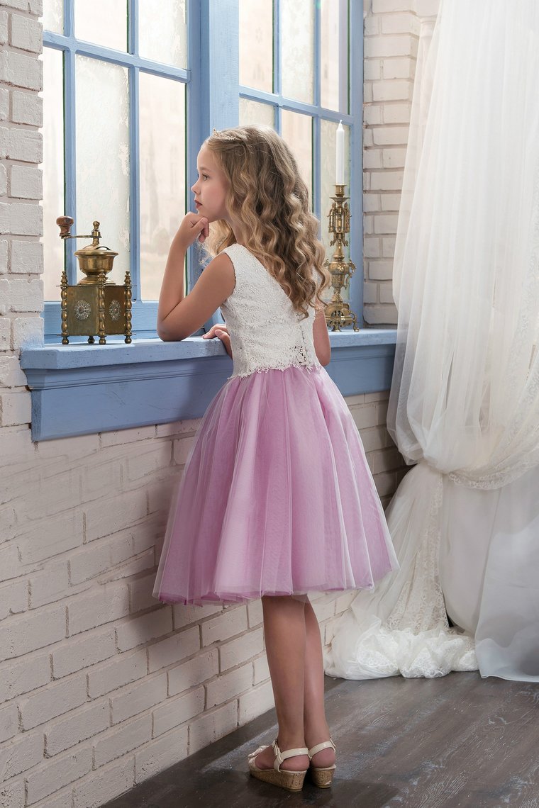 2024 Bicolor Scoop Tulle & Lace A Line Knee Length Flower Girl Dresses