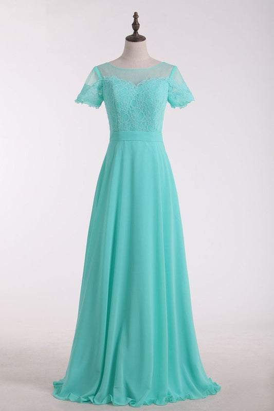 2024 Bridesmaid Dresses Scoop Short Sleeve Chiffon & Lace Floor Length