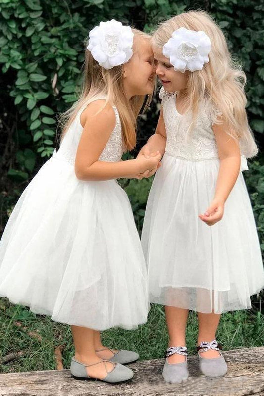 Cute A Line Lace Round Neck White Flower Girl Dresses with Tulle, Baby Dresses SRS15134