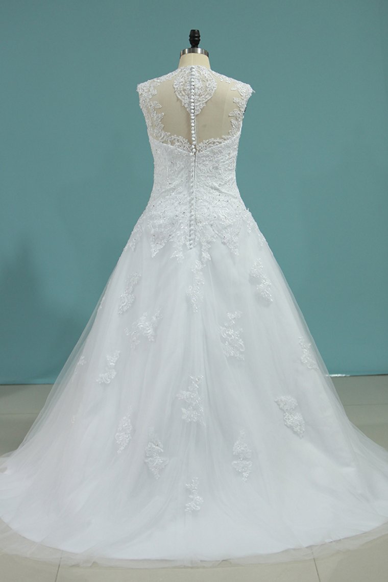 Wedding Dresses A-Line High Neck Court Train Satin With Applique Covered Buttons
