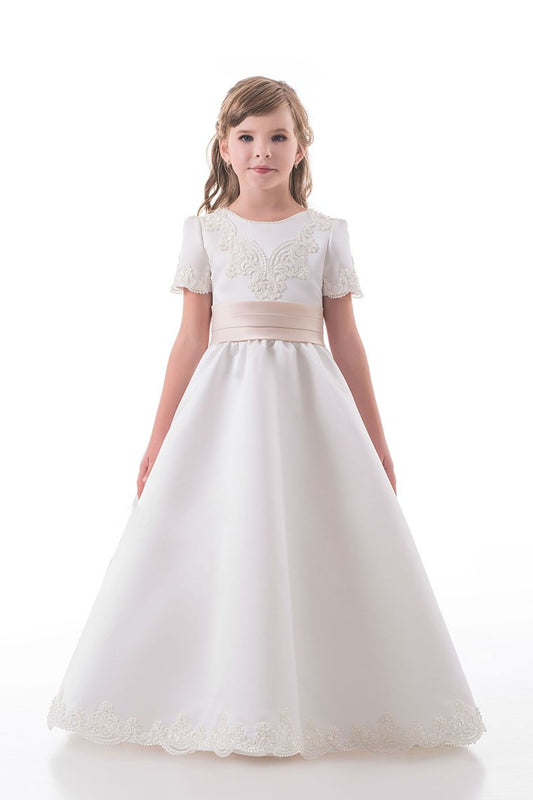 2022 A Line Scoop Short Sleeves Flower Girl Dresses With Applique Satin
