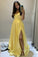 A Line V Neck Yellow Satin Long Prom Dress with Slit, V Neck Yellow Formal Graduation Evening Dress