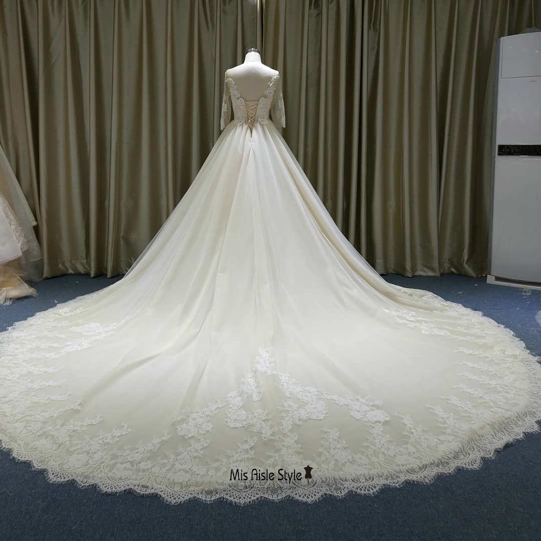 Modest Lace Half Sleeve Champagne Wedding Dress