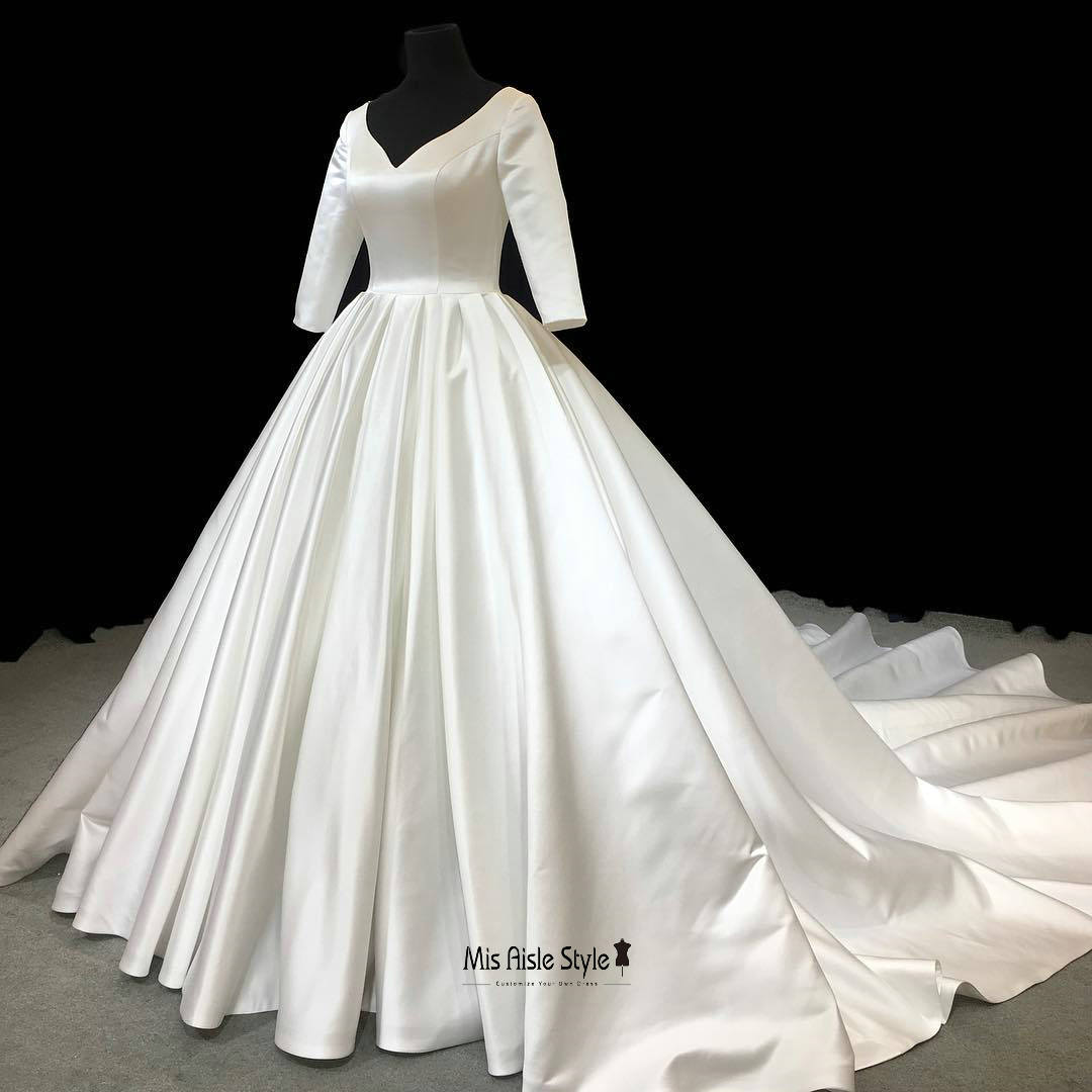 High Quality Soft Satin Ball Gown Long Sleeves Wedding Dress