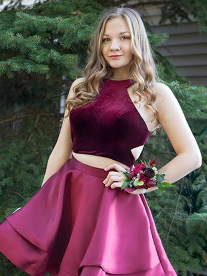 Cute A Line Burgundy Taffeta Two Pieces Halter Homecoming Dresses with Pockets JS978