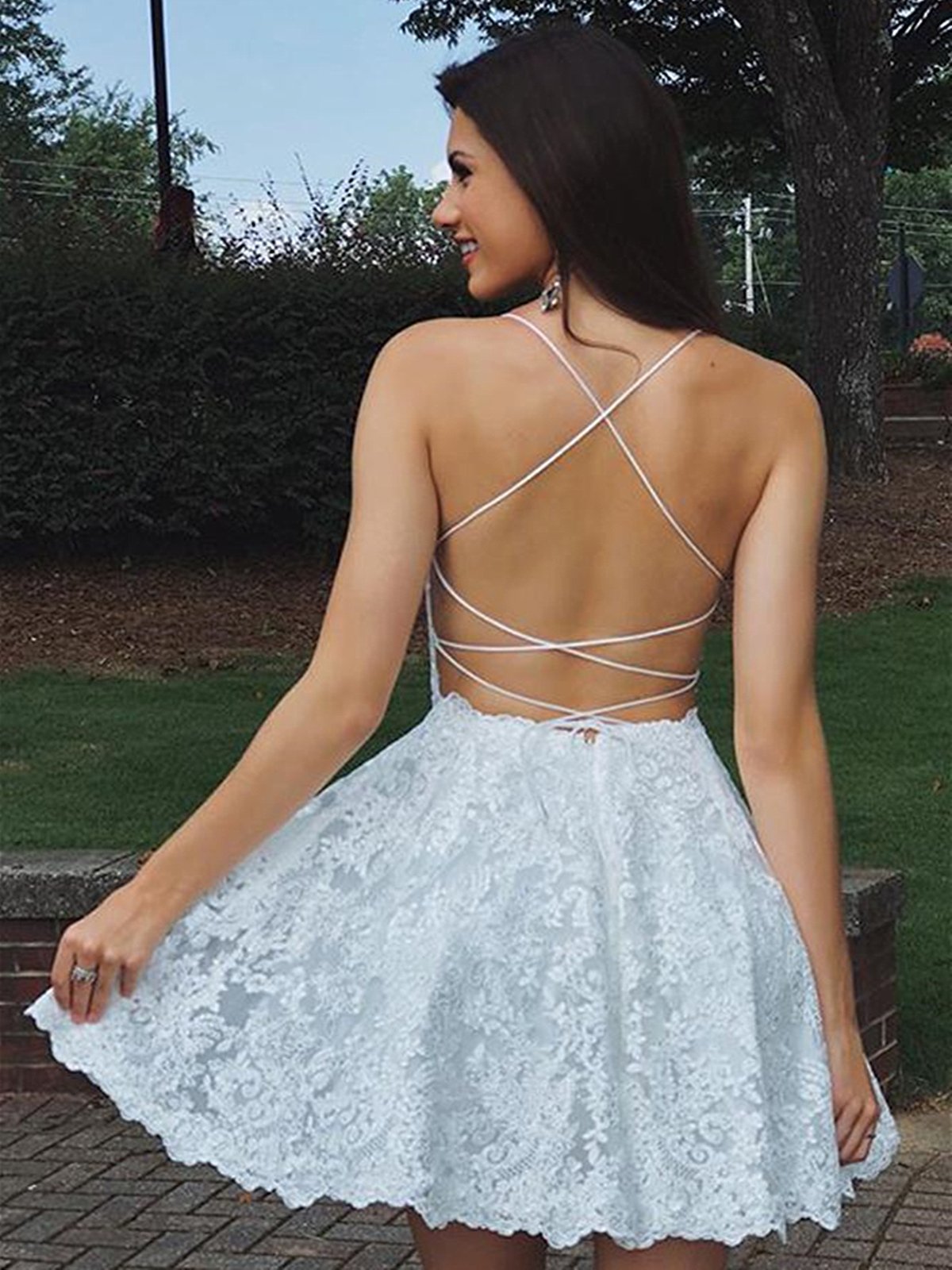 A Line Short Backless Blue/Champagne/White Lace Prom Dresses, Short Backless Lace Formal Homecoming Dresses