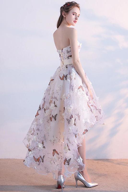 A Line High Low Straps Lace up Tulle Flower Homecoming Dresses Short Prom Dresses JS967