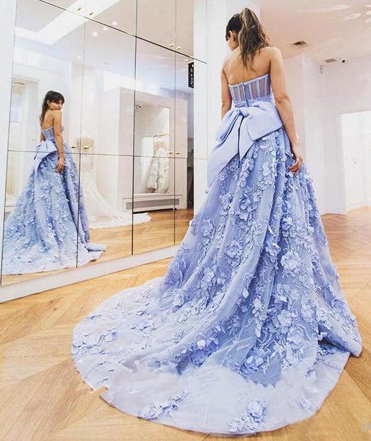A Line Lace Appliques Sweetheart Prom Dresses Long Blue Quinceanera Dresses JS617