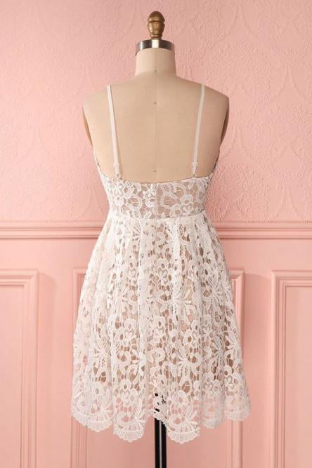 A Line Spaghetti Straps Short Lace Ivory V Neck Homecoming Dress Short Prom Dresses JS857