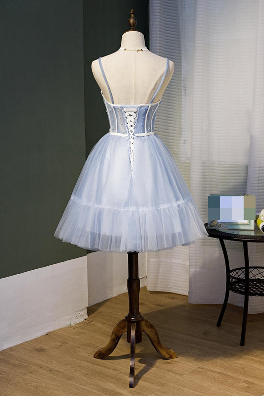 Sky Blue Beaded Lace Up Ball Gown Tulle Homecoming Dresses