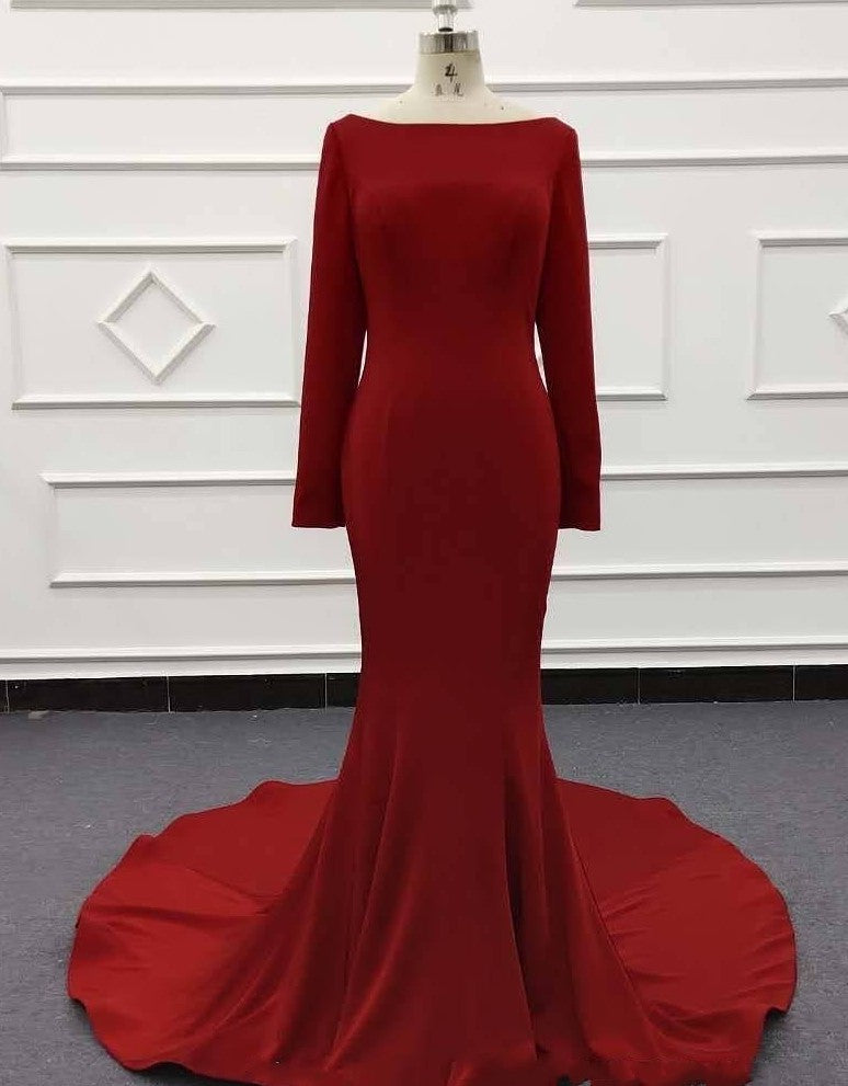 Mermaid Long Sleeve Red Evening Dress