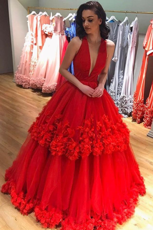 Ball Gown Red Deep V Neck Tulle Prom Dresses Long Appliques Quinceanera Dresses JS714