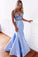 Blue Mermaid Two Piece Satin Lace up Long Prom Dresses V Neck Party Dresses JS638