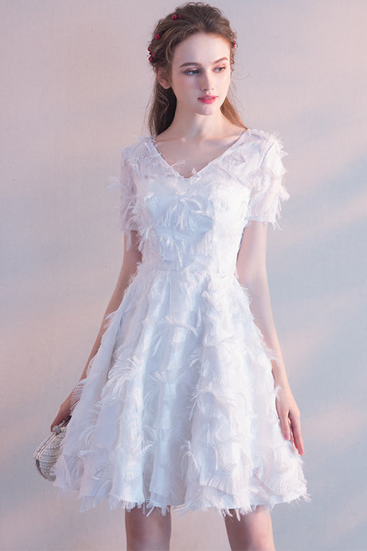 A-Line Elegant White V-Neck Party Dresses, Homecoming Dresses