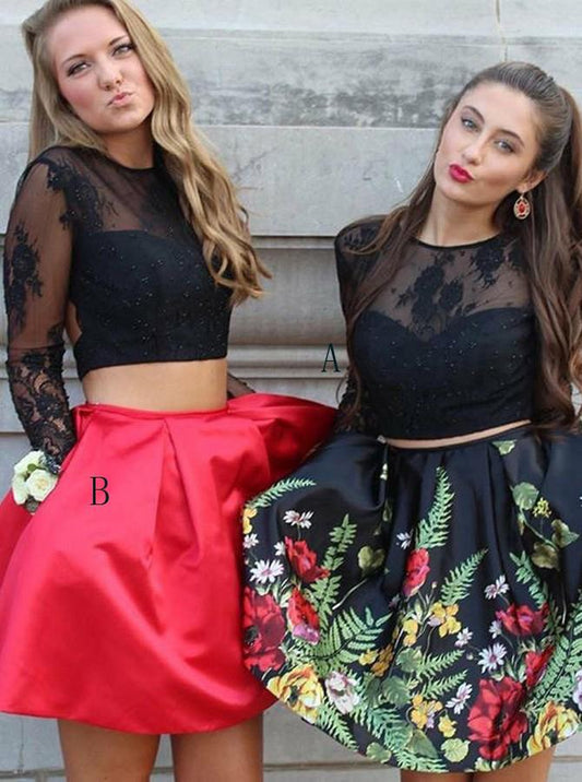Two Piece Crew Open Back Above-Knee Black Printed Homecoming Dress with Pockets JS659