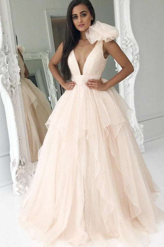 Elegant Deep V Neck Organza Pink Princess Prom Dresses, Quinceanera Dresses uk PW401