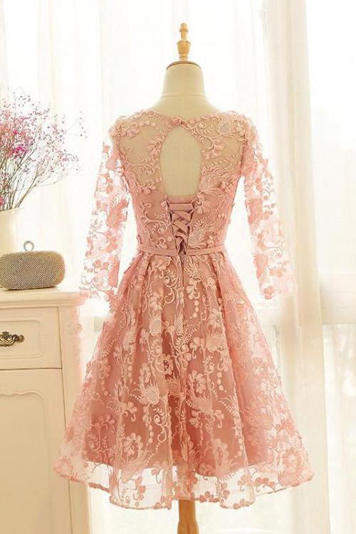 A Line Pink Lace Long Sleeve Open Back Scoop Knee Length Appliques Homecoming Dress JS732