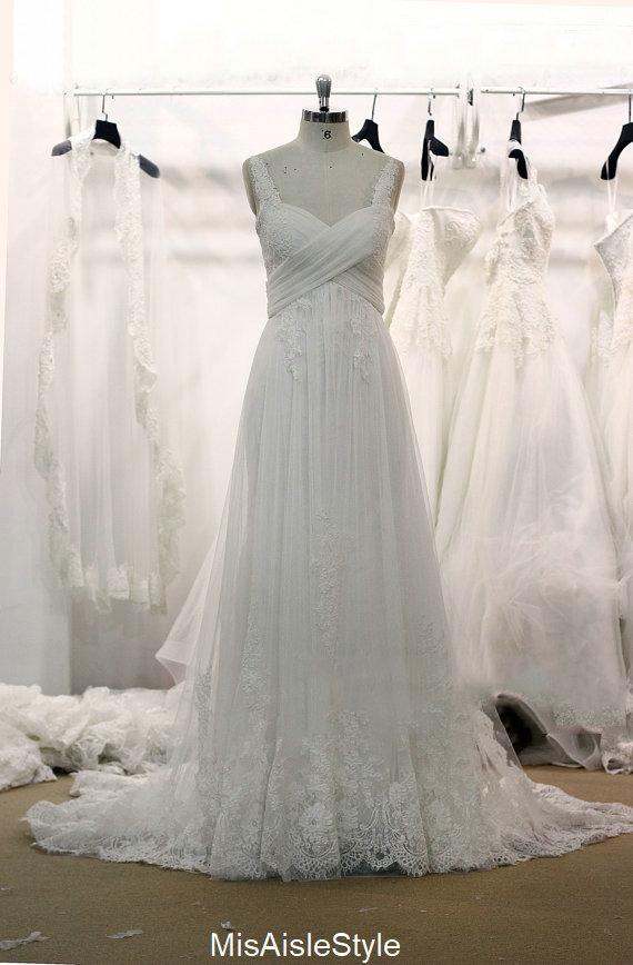 A line Wide Straps Lace Wedding Dress