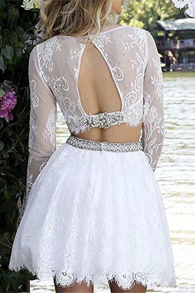 Long Sleeve Lace White Two Pieces Beads Homecoming Dresses Scoop Short Prom Dresses H1174