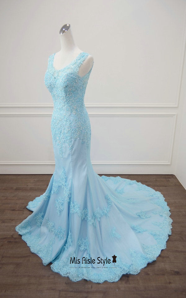 Fitted Light Blue Lace Evening Dress