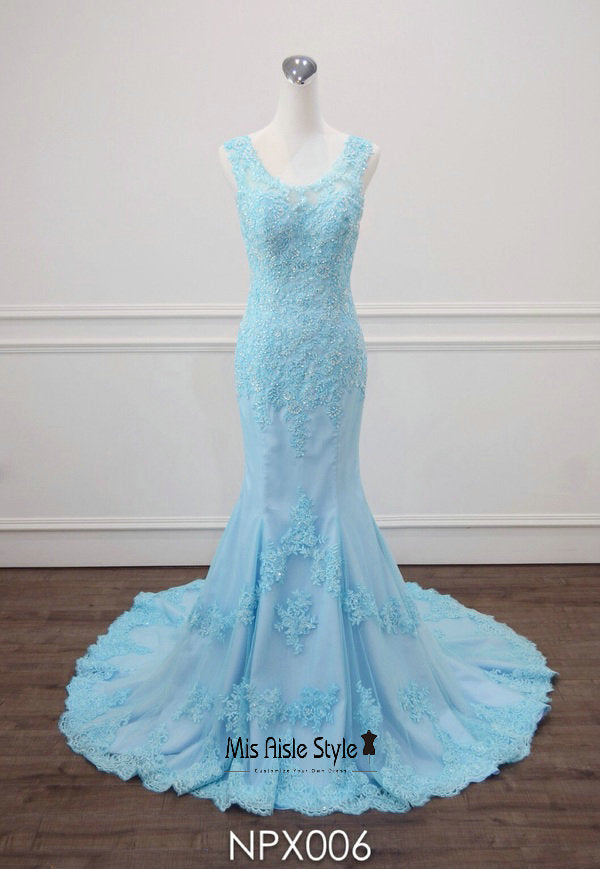 Fitted Light Blue Lace Evening Dress