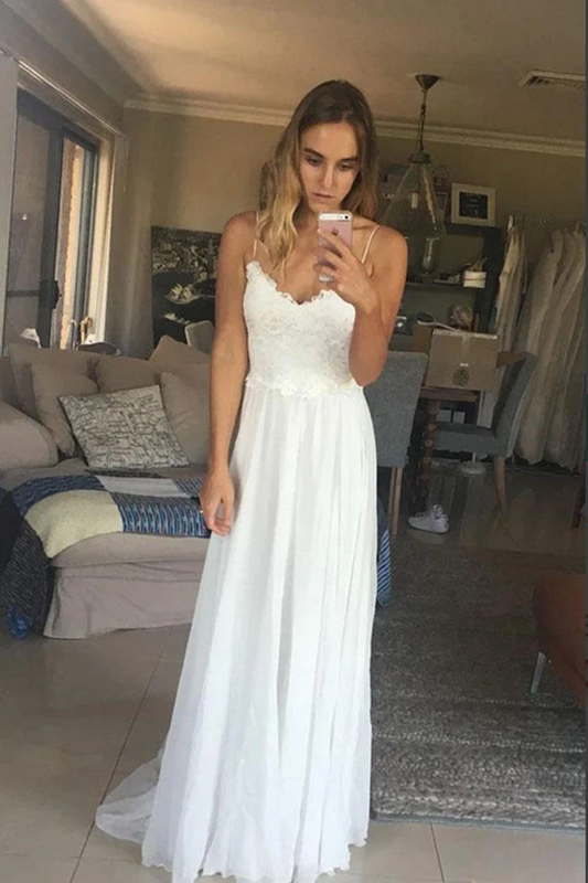 A Line V Neck Top Lace Spaghetti Straps Wedding Dresses,White Bridal Gown