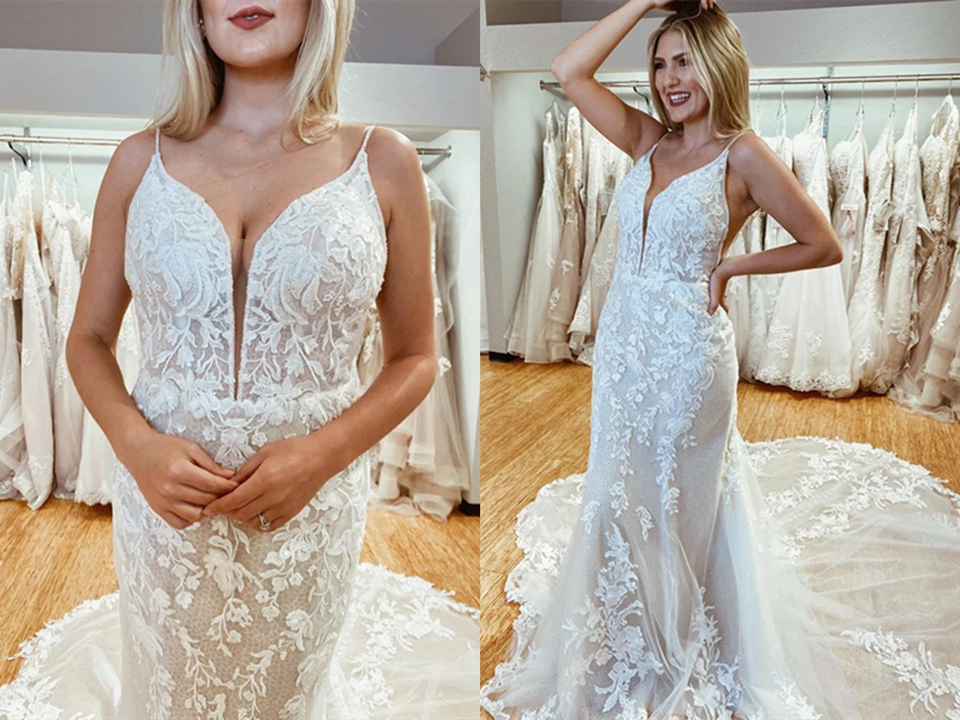 Amazing Spaghetti Straps Appliques Lace Wedding Dresses Mermaid Chapel Train Bridal Gowns