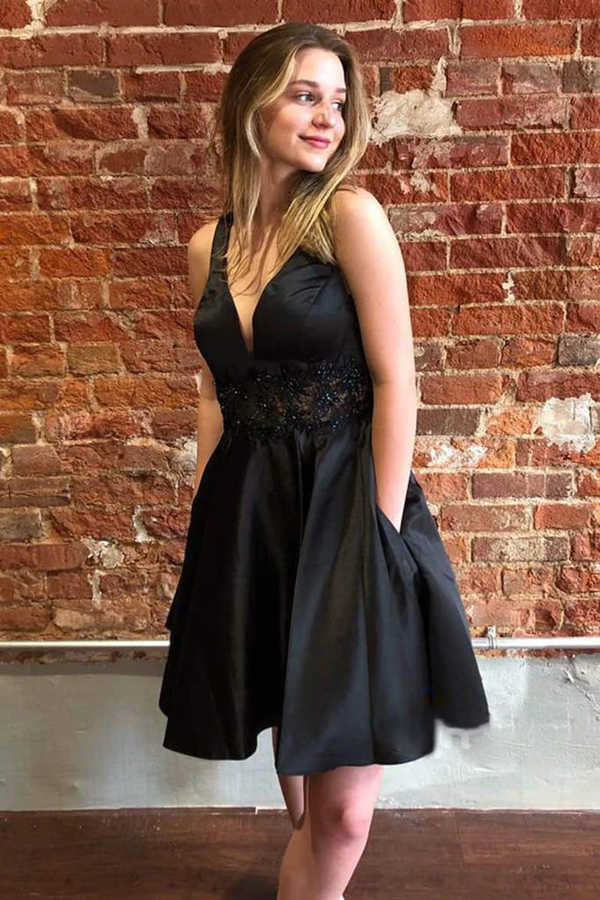 A Line Black Short Satin Homecoming Dress Online, Short Prom Dress with pockets