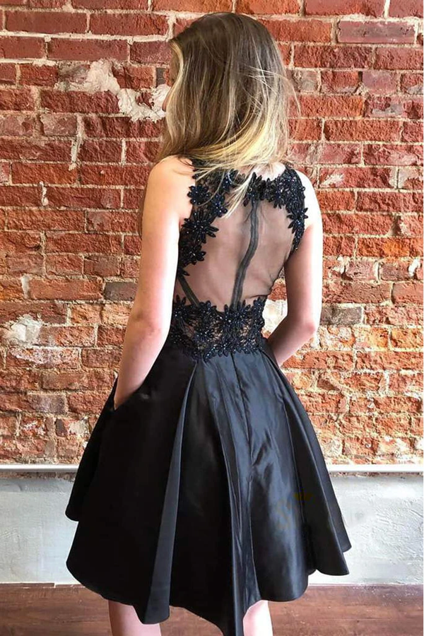 A Line Black Short Satin Homecoming Dress Online, Short Prom Dress with pockets