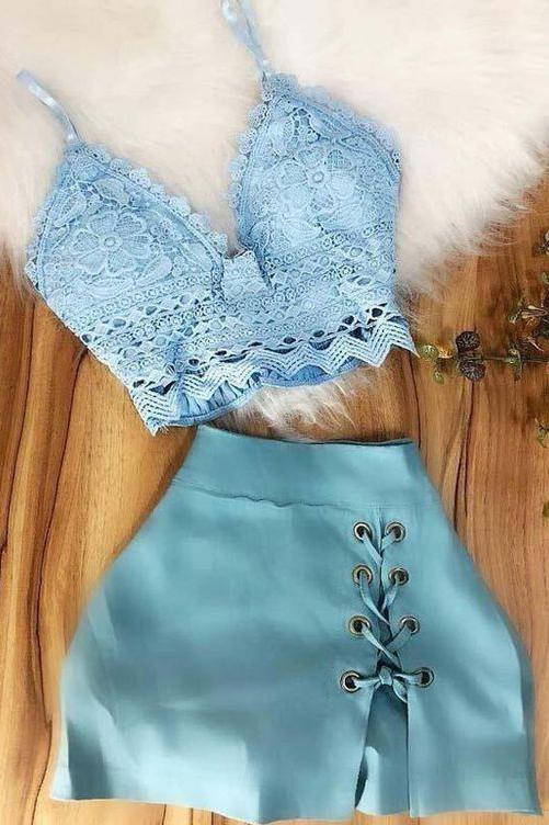 Simple A Line Spaghetti Straps Two Pieces Top Lace V Neck Blue Homecoming Dresses H1075